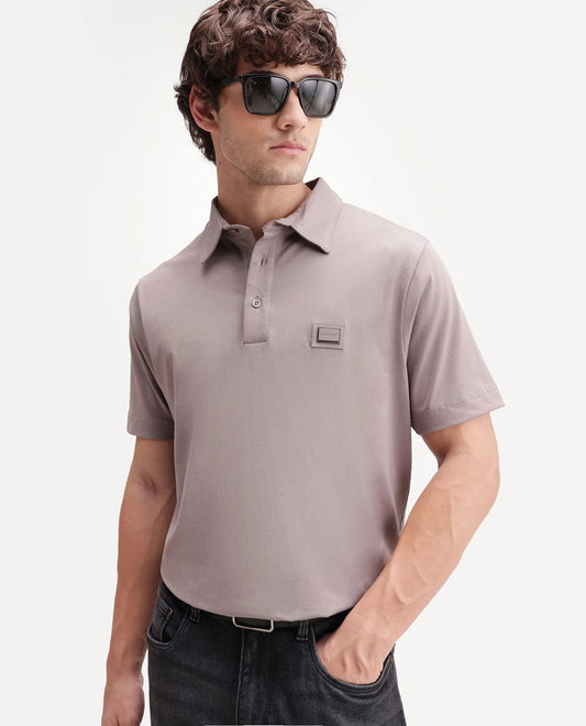 Rare Rabbit Men's Badger-S26 Dusky Purple Cotton Blend Fabric Half Sleeve Spread Collar Regular Fit Plain Polo