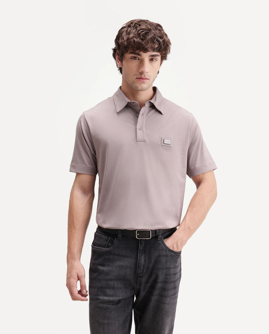 Rare Rabbit Men's Badger-S26 Dusky Purple Cotton Blend Fabric Half Sleeve Spread Collar Regular Fit Plain Polo
