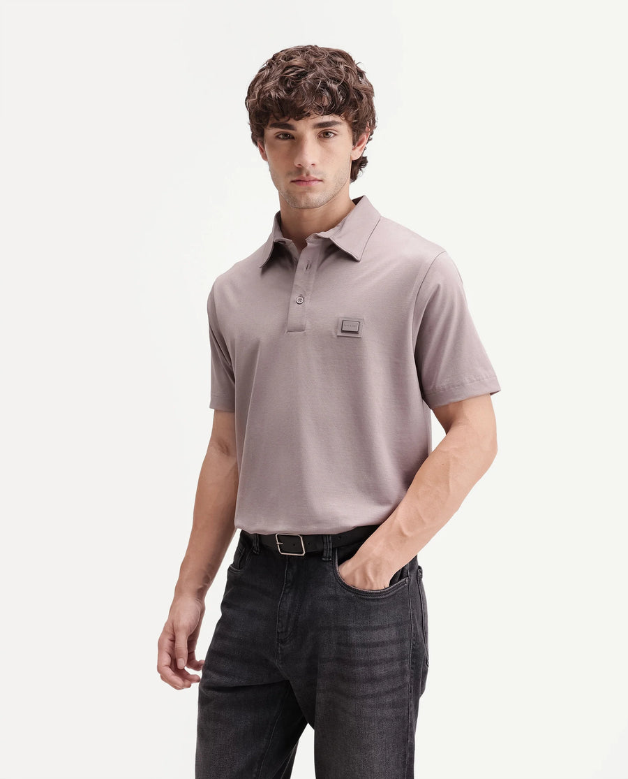 Rare Rabbit Men's Badger-S26 Dusky Purple Cotton Blend Fabric Half Sleeve Spread Collar Regular Fit Plain Polo