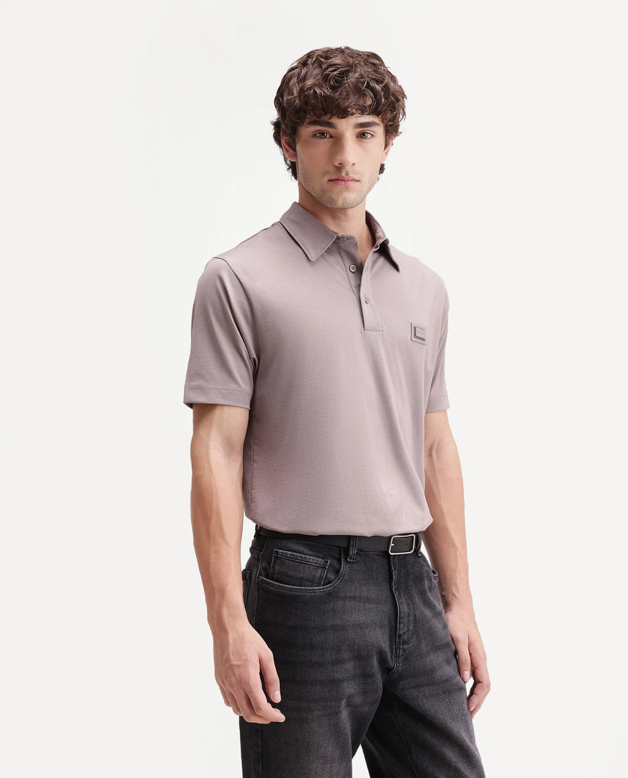 Rare Rabbit Men's Badger-S26 Dusky Purple Cotton Blend Fabric Half Sleeve Spread Collar Regular Fit Plain Polo