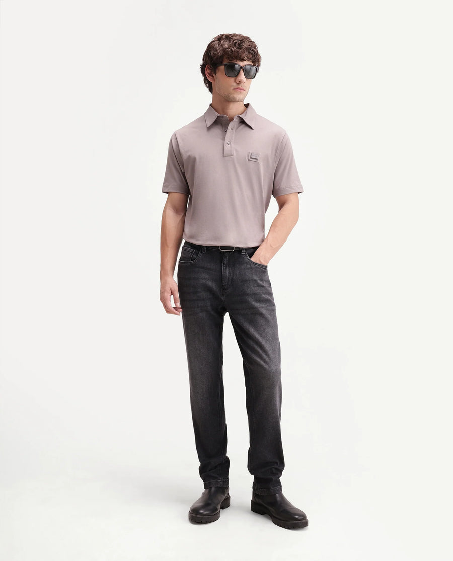 Rare Rabbit Men's Badger-S26 Dusky Purple Cotton Blend Fabric Half Sleeve Spread Collar Regular Fit Plain Polo