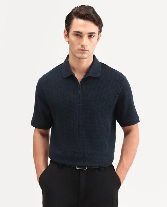Rare Rabbit Men's Envo Dark Navy Cotton Fabric Half Sleeve Spread Collar Regular Fit Textured Polo