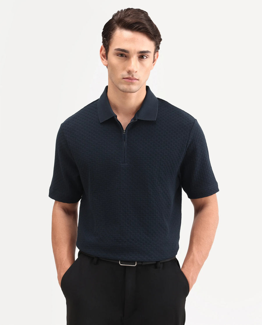 Rare Rabbit Men's Envo Dark Navy Cotton Fabric Half Sleeve Spread Collar Regular Fit Textured Polo