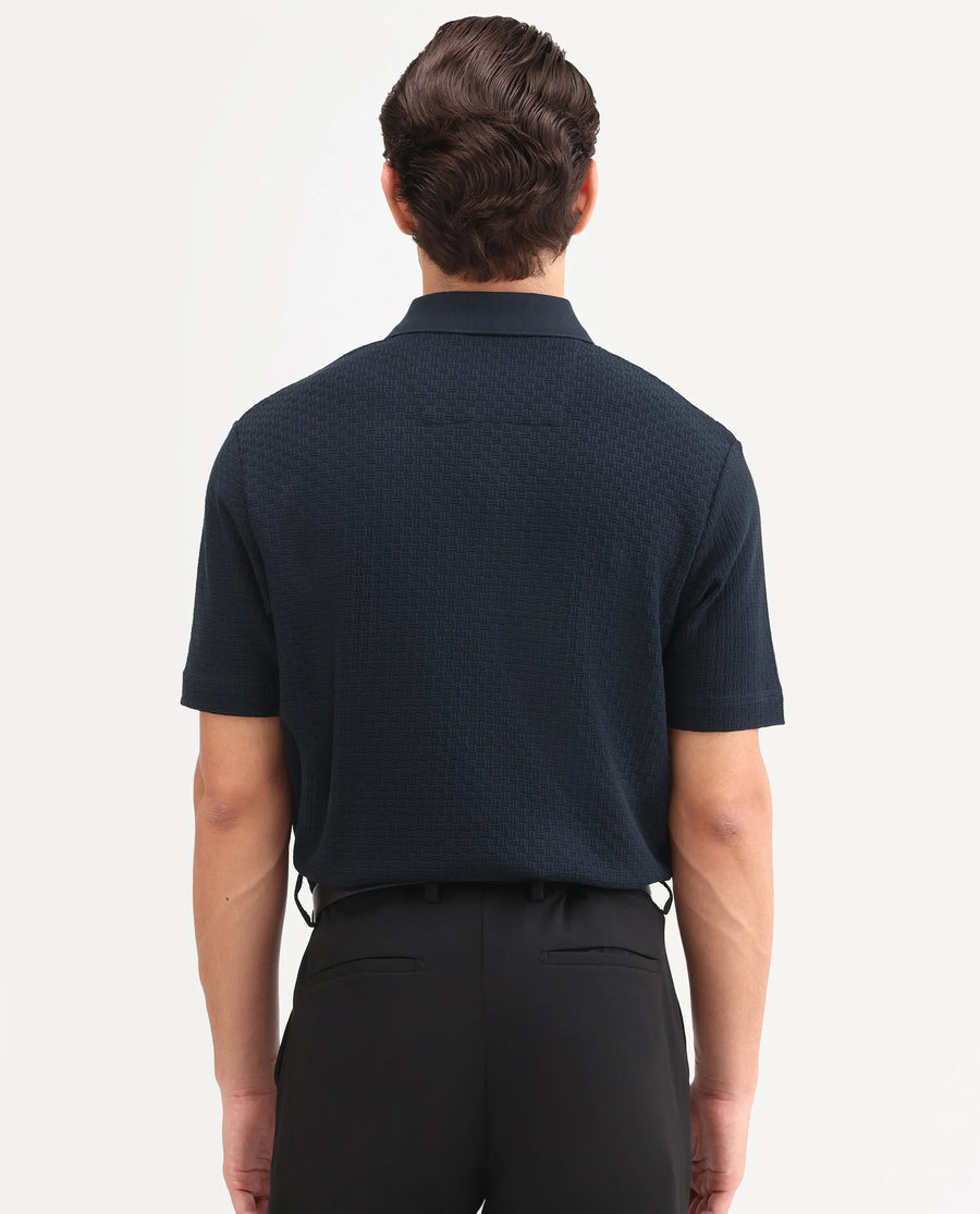 Rare Rabbit Men's Envo Dark Navy Cotton Fabric Half Sleeve Spread Collar Regular Fit Textured Polo