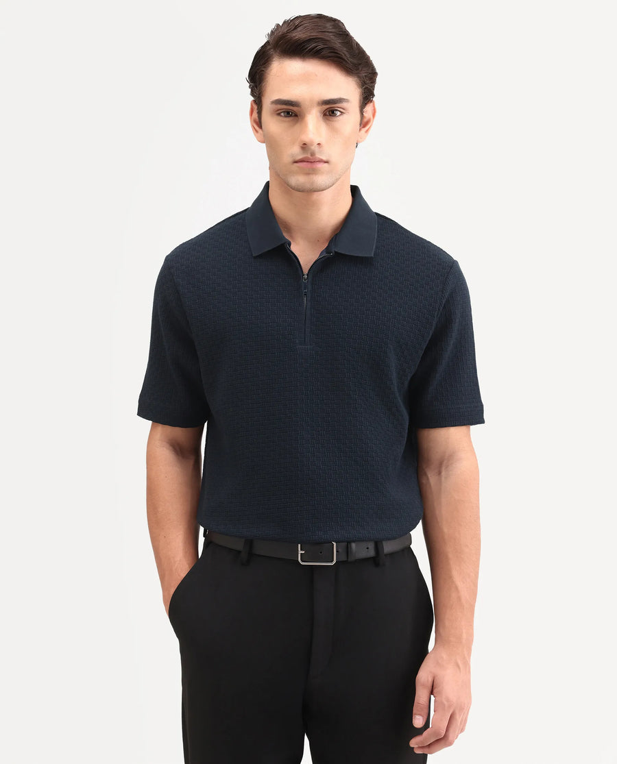 Rare Rabbit Men's Envo Dark Navy Cotton Fabric Half Sleeve Spread Collar Regular Fit Textured Polo