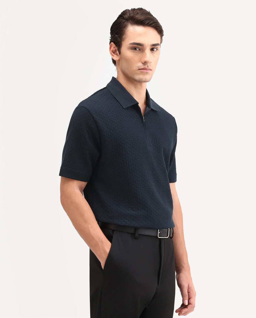Rare Rabbit Men's Envo Dark Navy Cotton Fabric Half Sleeve Spread Collar Regular Fit Textured Polo