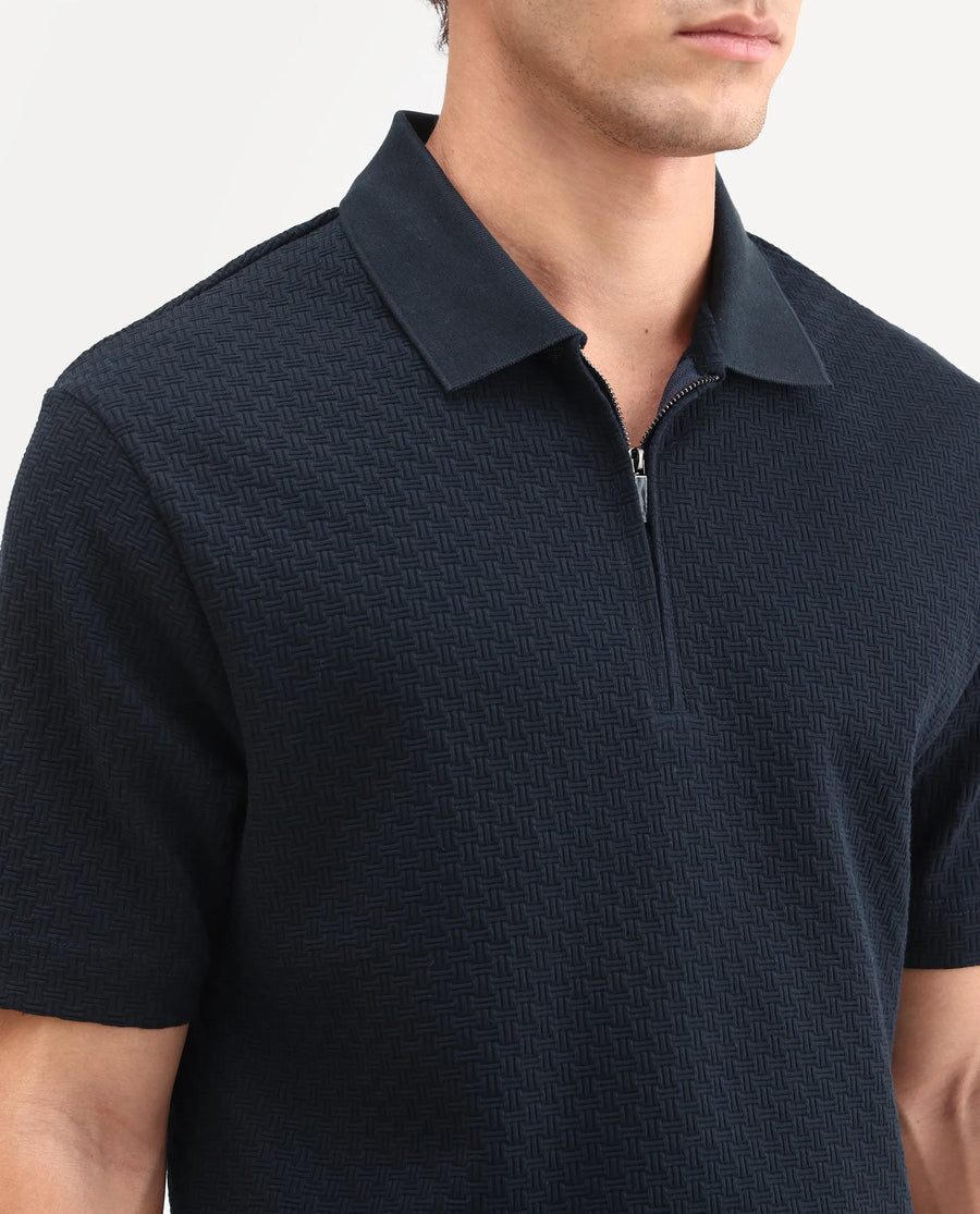 Rare Rabbit Men's Envo Dark Navy Cotton Fabric Half Sleeve Spread Collar Regular Fit Textured Polo