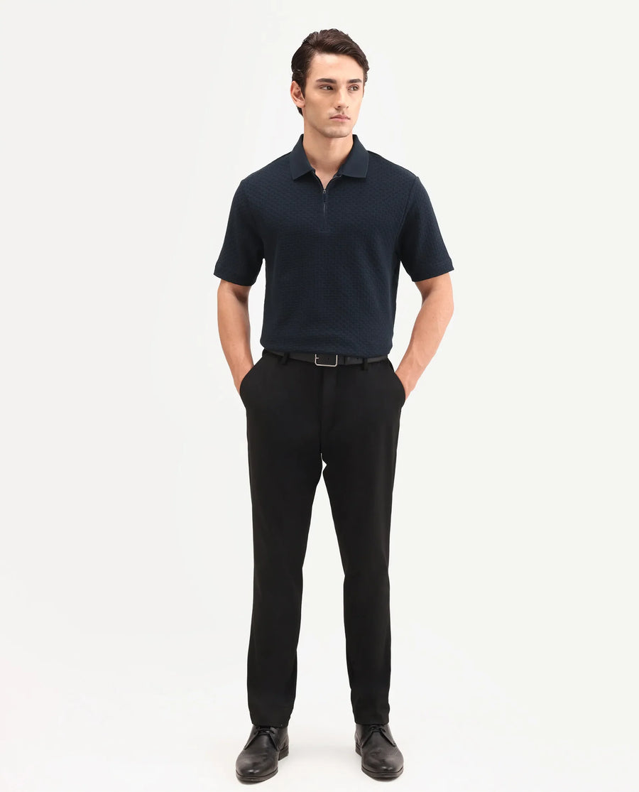 Rare Rabbit Men's Envo Dark Navy Cotton Fabric Half Sleeve Spread Collar Regular Fit Textured Polo