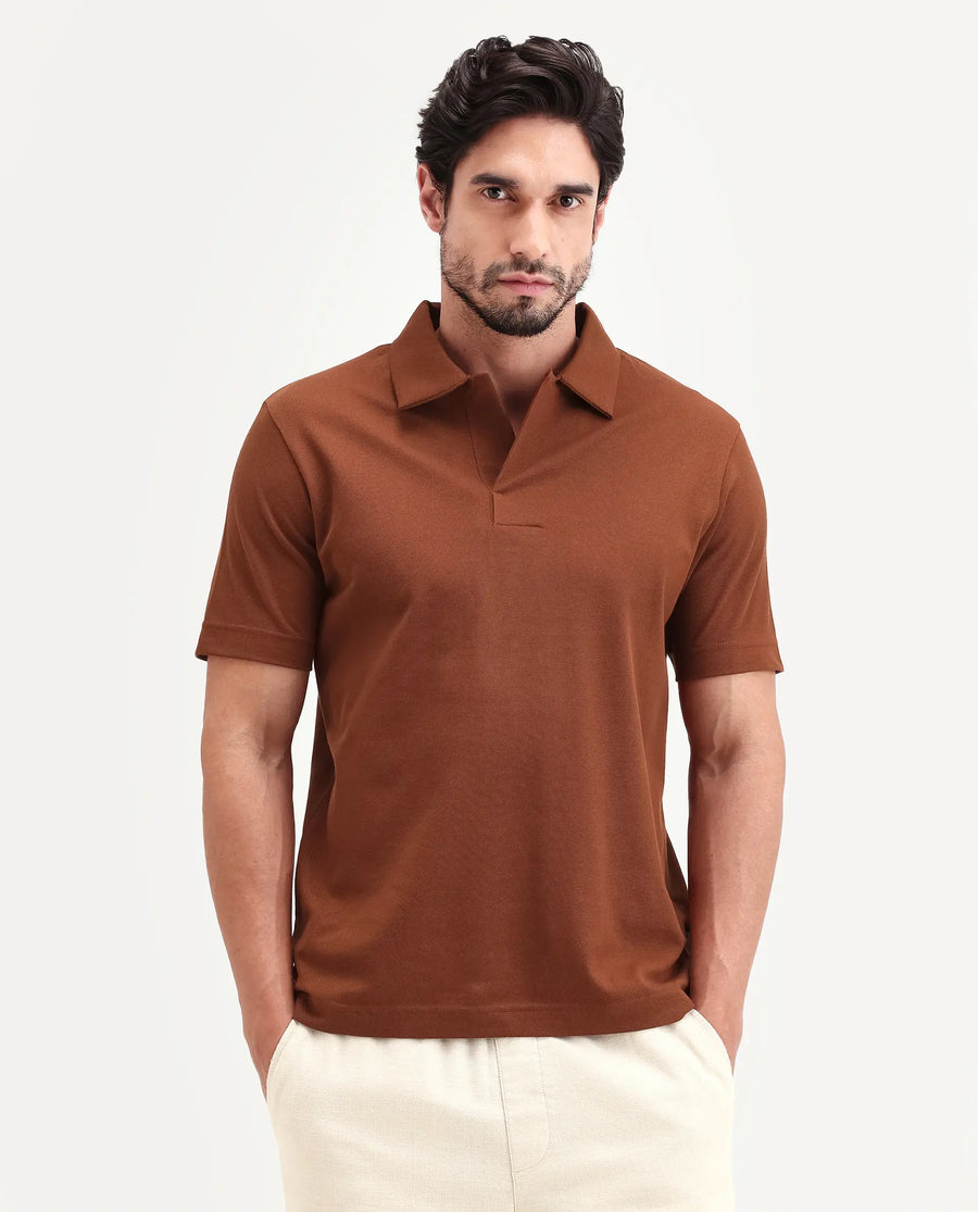 Rare Rabbit Men's Mers Rust Cotton Fabric Half Sleeve Spread Collar Regular Fit Plain Polo