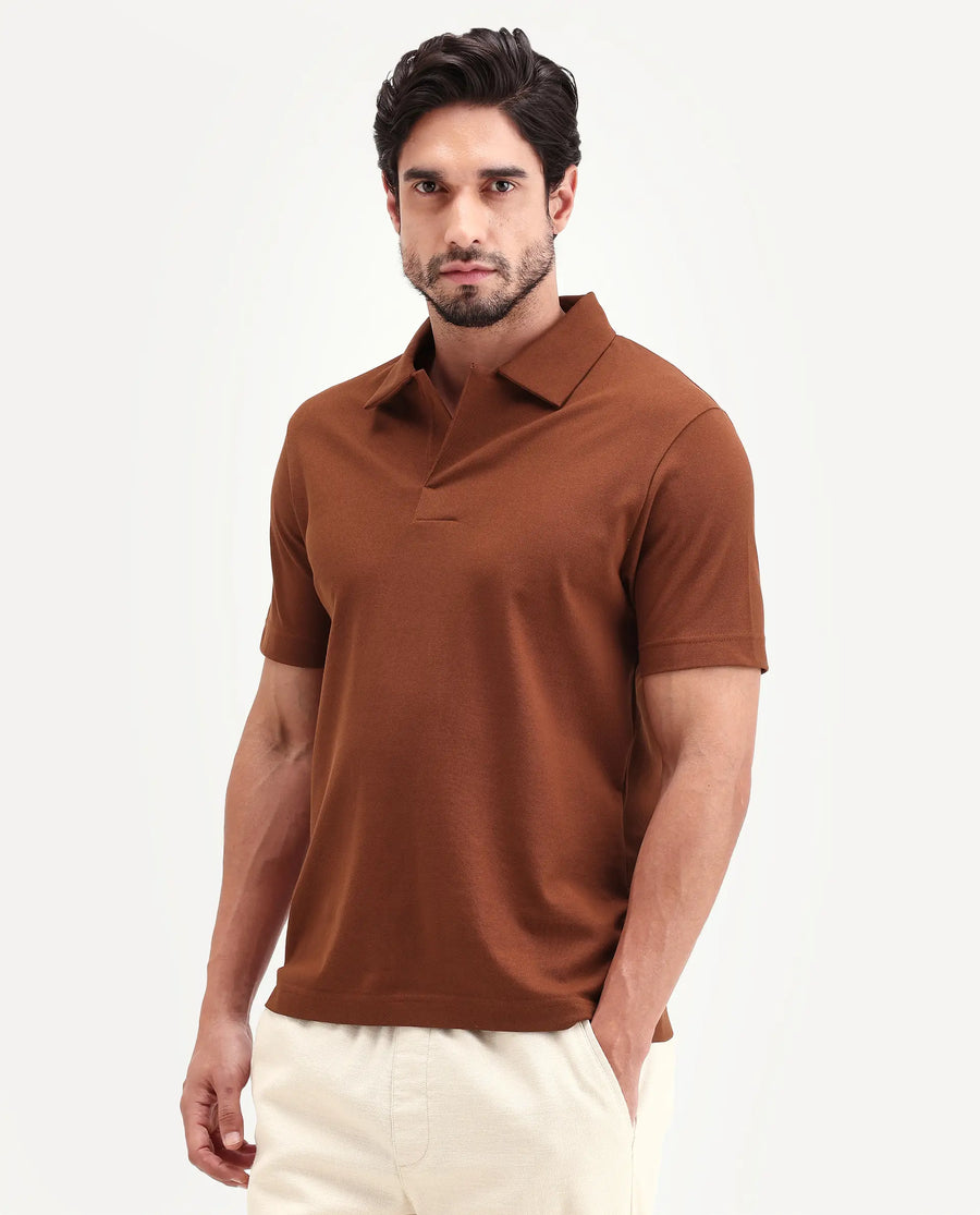 Rare Rabbit Men's Mers Rust Cotton Fabric Half Sleeve Spread Collar Regular Fit Plain Polo