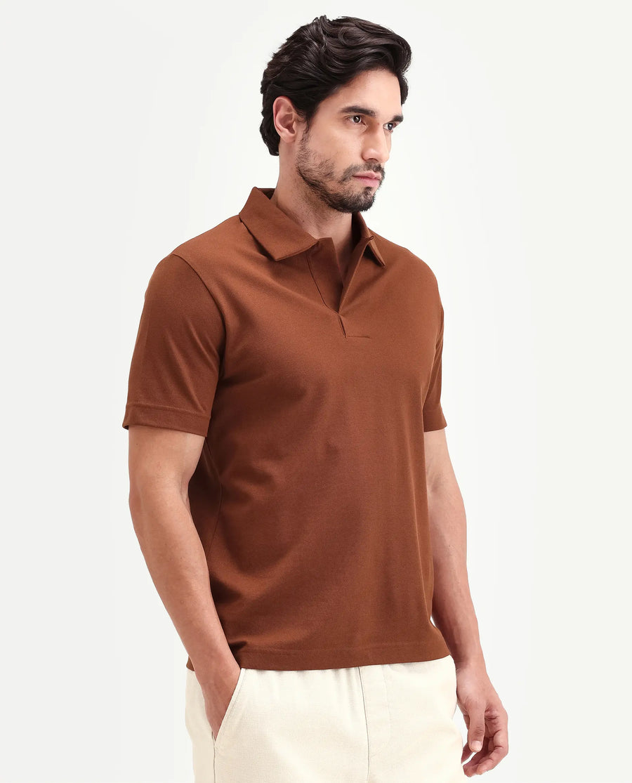 Rare Rabbit Men's Mers Rust Cotton Fabric Half Sleeve Spread Collar Regular Fit Plain Polo