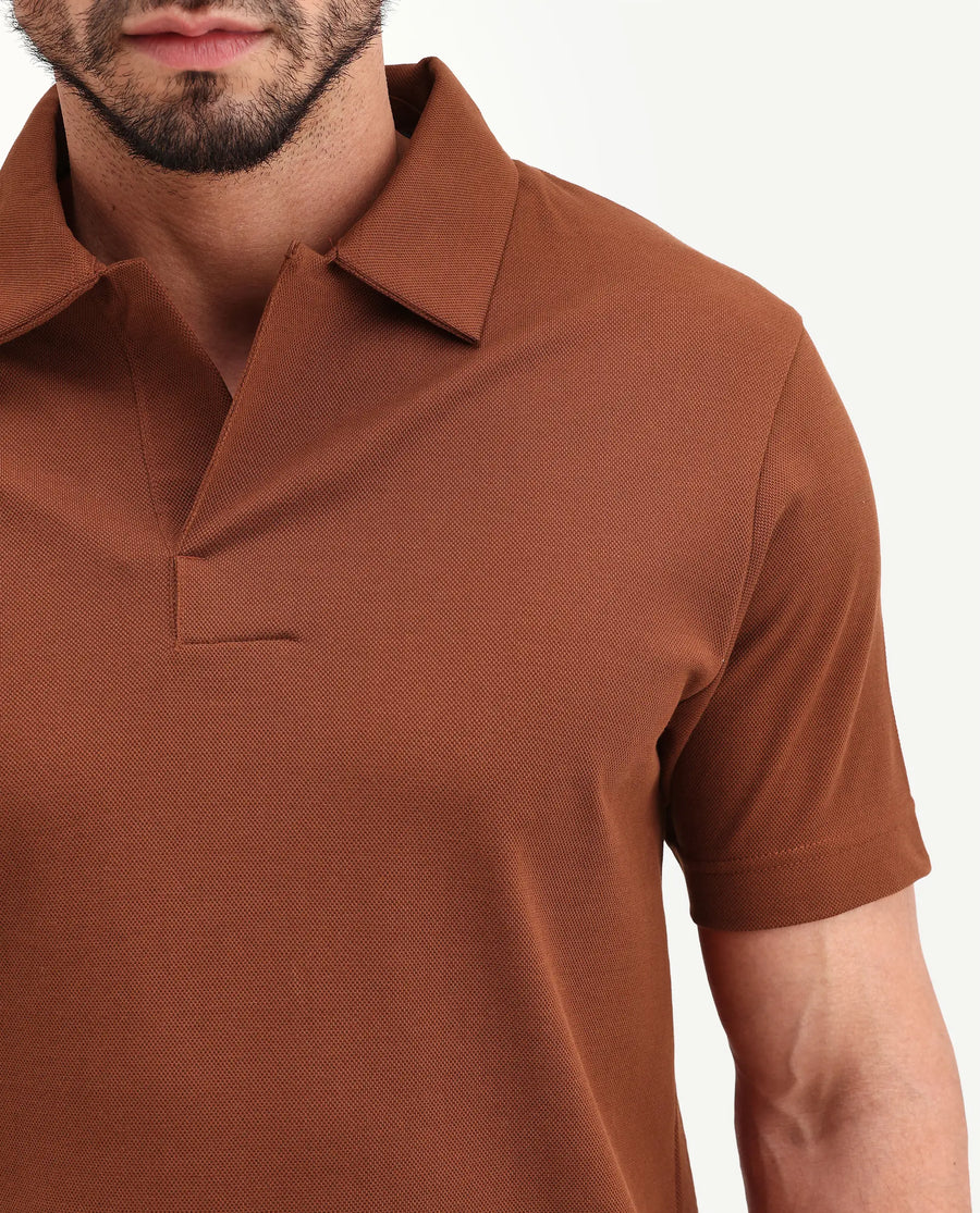Rare Rabbit Men's Mers Rust Cotton Fabric Half Sleeve Spread Collar Regular Fit Plain Polo