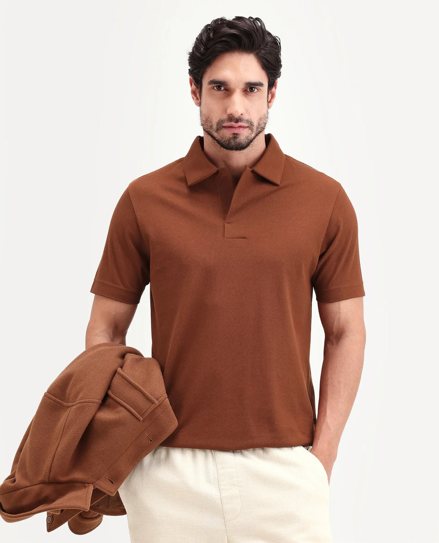 Rare Rabbit Men's Mers Rust Cotton Fabric Half Sleeve Spread Collar Regular Fit Plain Polo