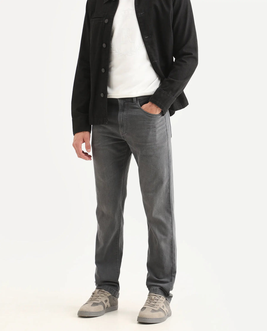 Rare Rabbit Men's Fyod 26 Dark Grey Cotton Blend Fabric Morris Regular Fit Plain Jeans