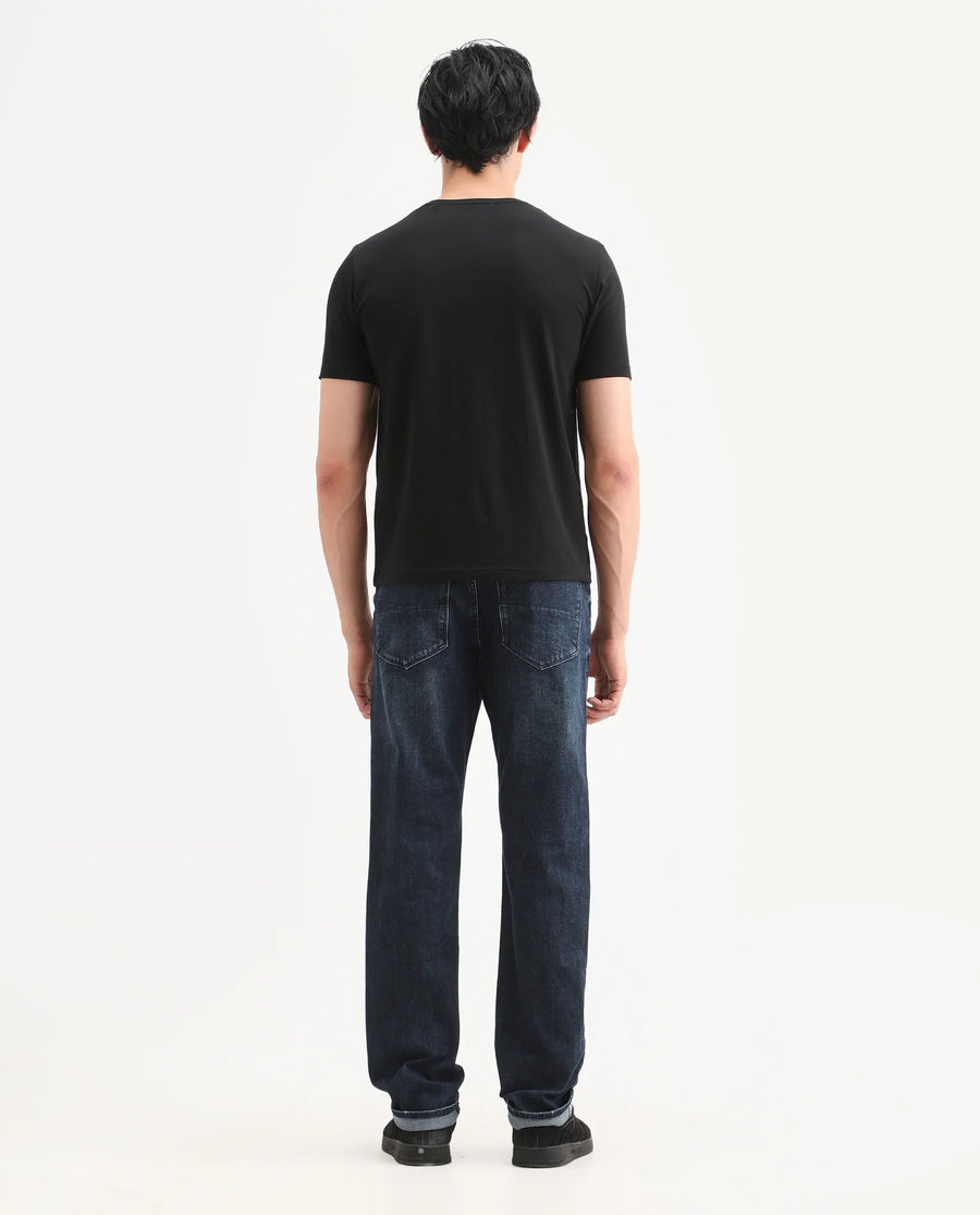 Rare Rabbit Men's Mond Dark Blue Cotton Blend Fabric Morris Regular Fit Plain Jeans