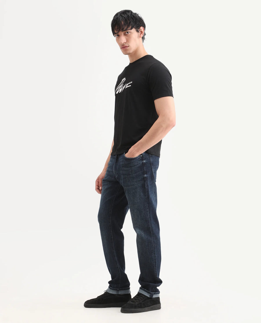 Rare Rabbit Men's Mond Dark Blue Cotton Blend Fabric Morris Regular Fit Plain Jeans