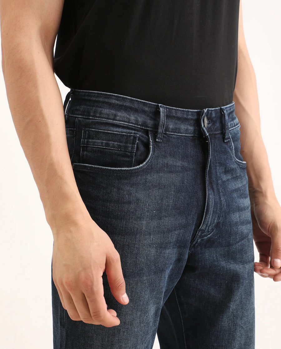 Rare Rabbit Men's Mond Dark Blue Cotton Blend Fabric Morris Regular Fit Plain Jeans