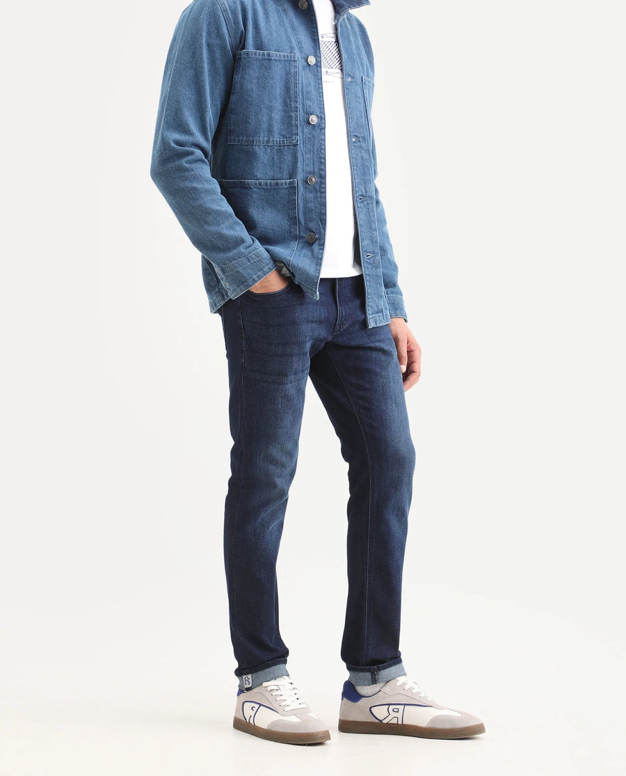 Rare Rabbit Men's Samm Dark Blue Cotton Blend Fabric Hawk Slim Fit Jeans