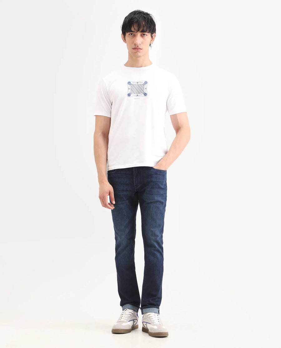 Rare Rabbit Men's Samm Dark Blue Cotton Blend Fabric Hawk Slim Fit Jeans