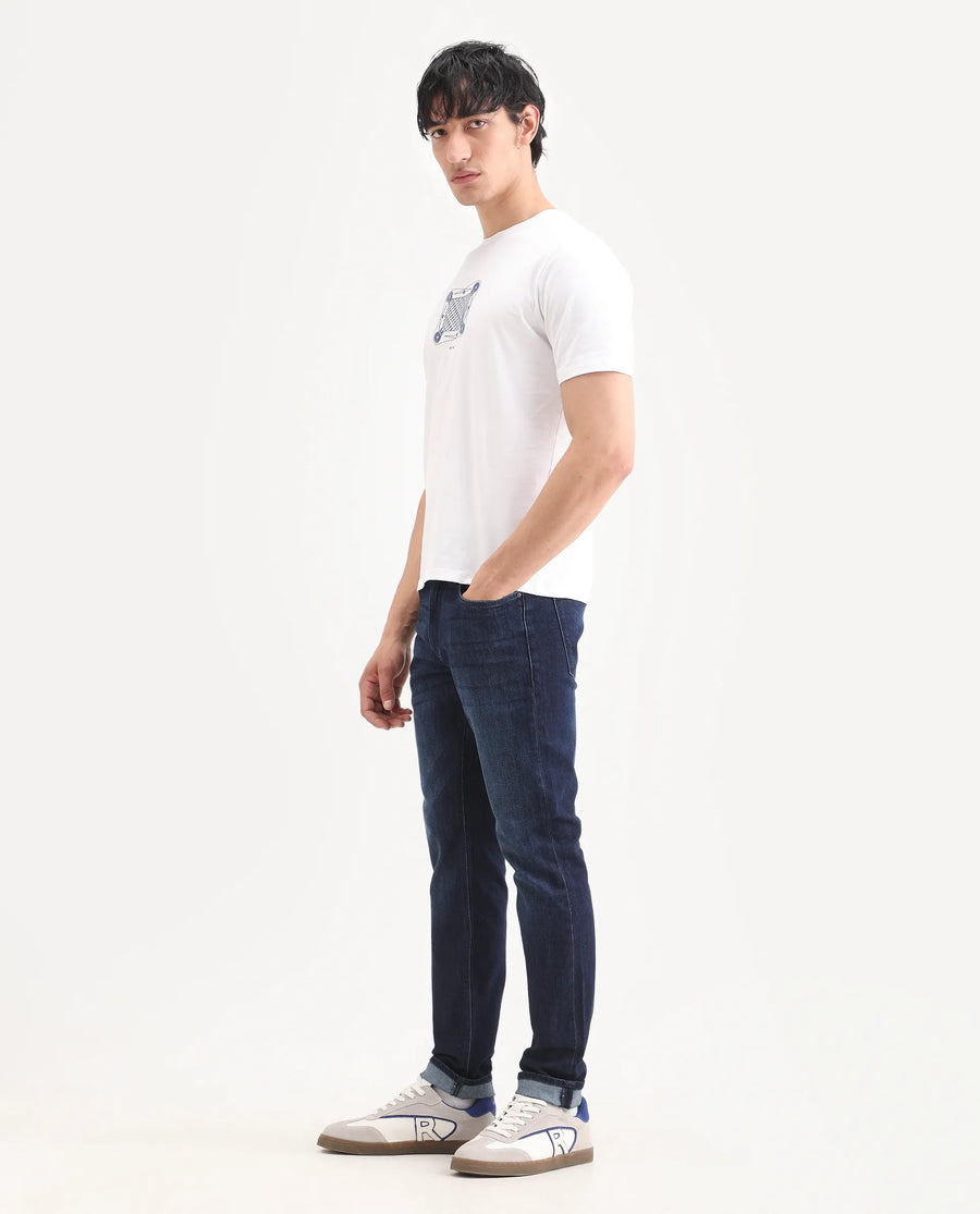 Rare Rabbit Men's Samm Dark Blue Cotton Blend Fabric Hawk Slim Fit Jeans