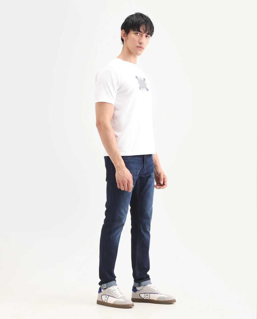 Rare Rabbit Men's Samm Dark Blue Cotton Blend Fabric Hawk Slim Fit Jeans
