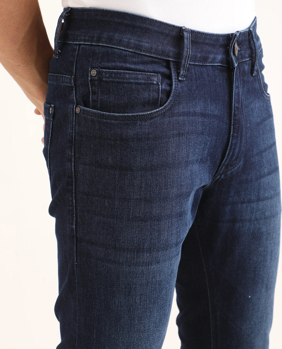 Rare Rabbit Men's Samm Dark Blue Cotton Blend Fabric Hawk Slim Fit Jeans
