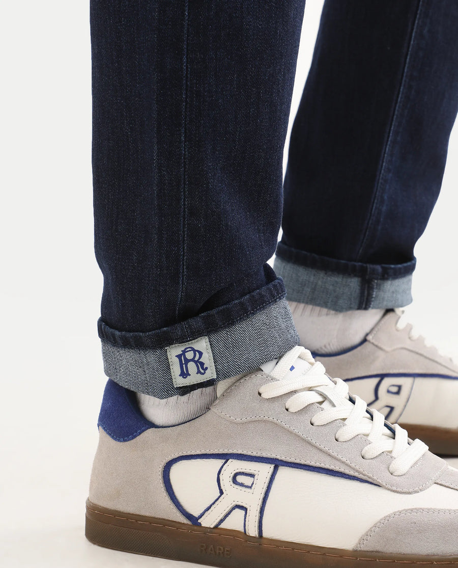 Rare Rabbit Men's Samm Dark Blue Cotton Blend Fabric Hawk Slim Fit Jeans