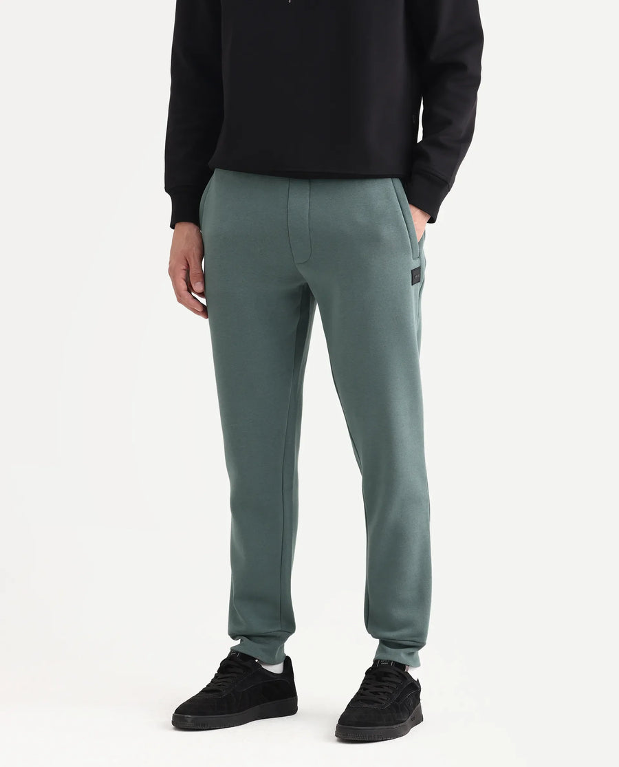 Rare Rabbit Men's Anderson-B25 Dusky Green Cotton Blend Fabric Regular Fit Badge Print Joggers