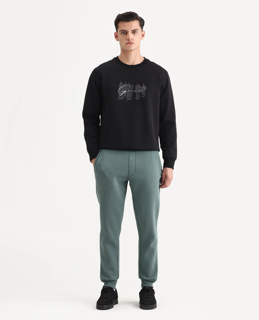 Rare Rabbit Men's Anderson-B25 Dusky Green Cotton Blend Fabric Regular Fit Badge Print Joggers