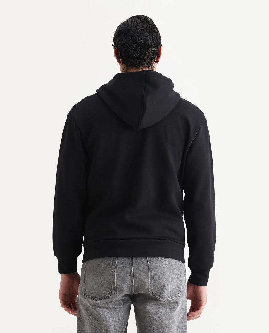 Rare Rabbit Men's Anderson-T25 Black Cotton Blend Plain Relaxed Fit Full Sleeve Hooded Sweatshirt