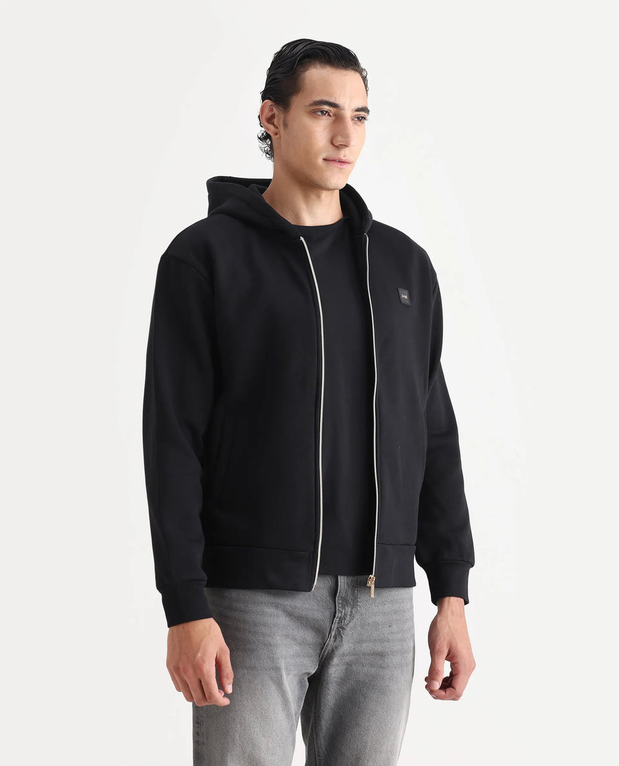 Rare Rabbit Men's Anderson-T25 Black Cotton Blend Plain Relaxed Fit Full Sleeve Hooded Sweatshirt