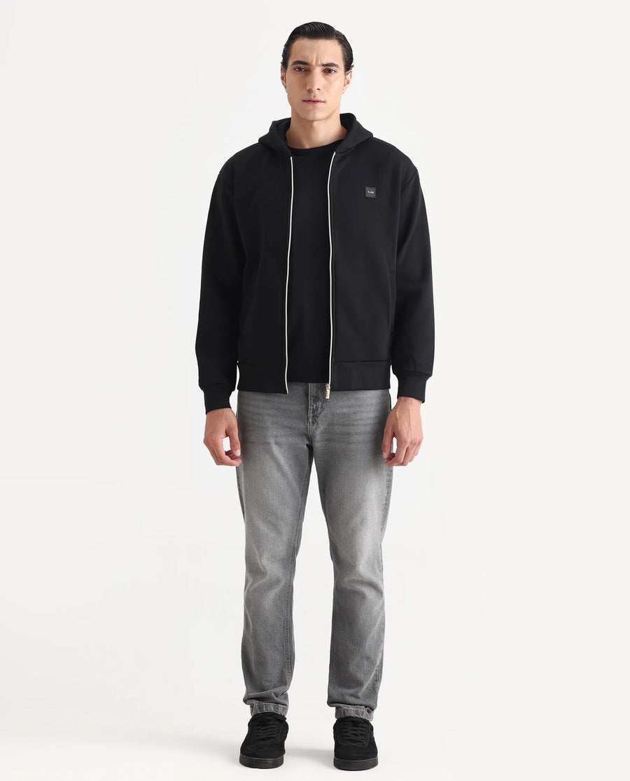Rare Rabbit Men's Anderson-T25 Black Cotton Blend Plain Relaxed Fit Full Sleeve Hooded Sweatshirt