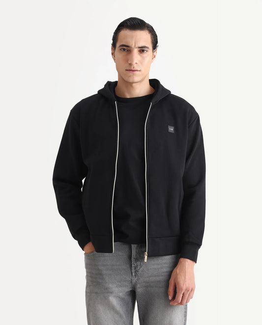 Rare Rabbit Men's Anderson-T25 Black Cotton Blend Plain Relaxed Fit Full Sleeve Hooded Sweatshirt