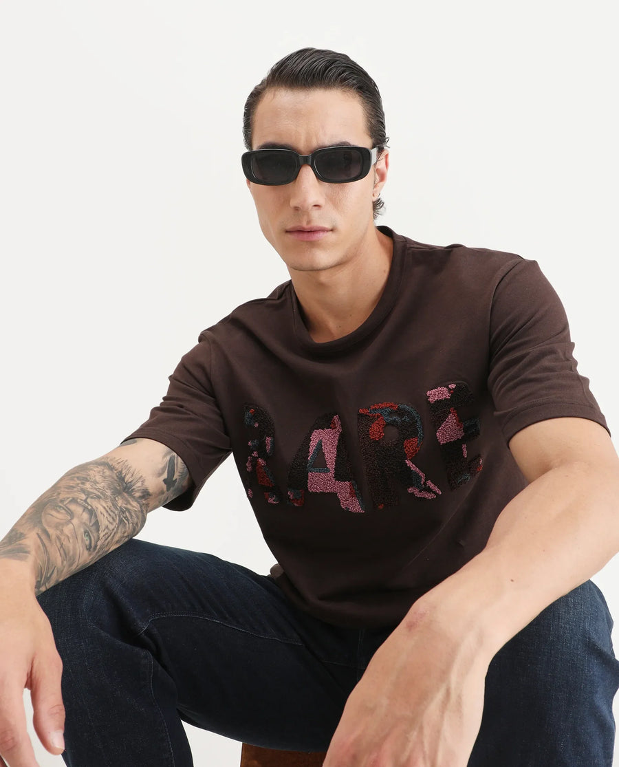 Rare Rabbit Men's Erfe Dark Brown Cotton Fabric Short Sleeve Crew Neck Oversized Fit Graphic Print T-Shirt