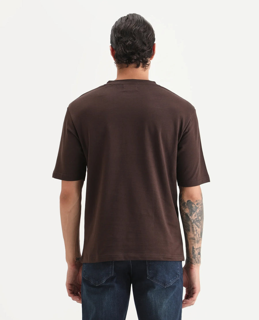 Rare Rabbit Men's Erfe Dark Brown Cotton Fabric Short Sleeve Crew Neck Oversized Fit Graphic Print T-Shirt