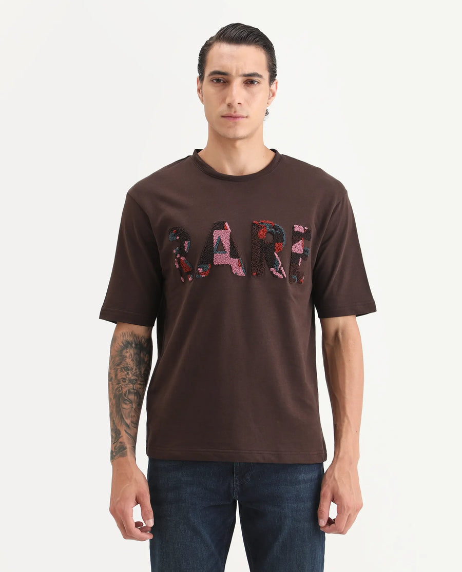 Rare Rabbit Men's Erfe Dark Brown Cotton Fabric Short Sleeve Crew Neck Oversized Fit Graphic Print T-Shirt