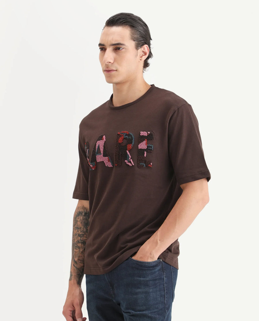 Rare Rabbit Men's Erfe Dark Brown Cotton Fabric Short Sleeve Crew Neck Oversized Fit Graphic Print T-Shirt