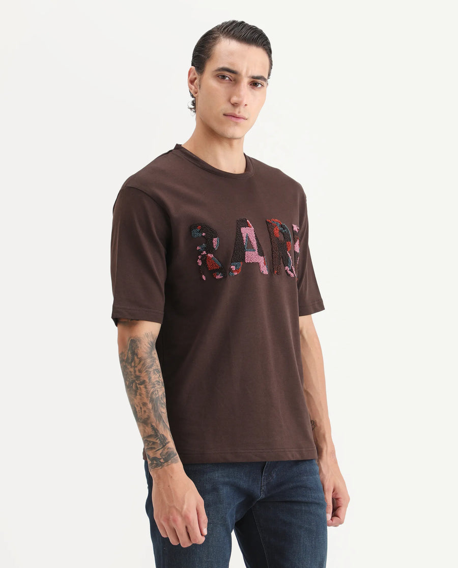 Rare Rabbit Men's Erfe Dark Brown Cotton Fabric Short Sleeve Crew Neck Oversized Fit Graphic Print T-Shirt