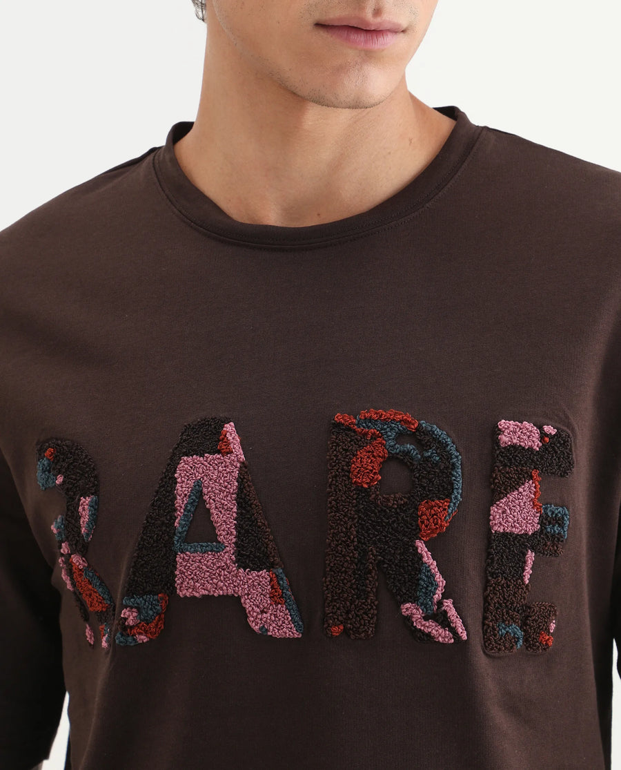 Rare Rabbit Men's Erfe Dark Brown Cotton Fabric Short Sleeve Crew Neck Oversized Fit Graphic Print T-Shirt