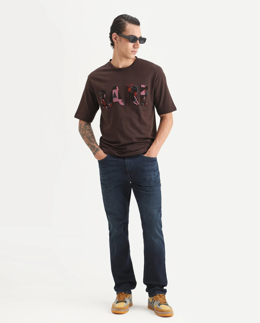Rare Rabbit Men's Erfe Dark Brown Cotton Fabric Short Sleeve Crew Neck Oversized Fit Graphic Print T-Shirt