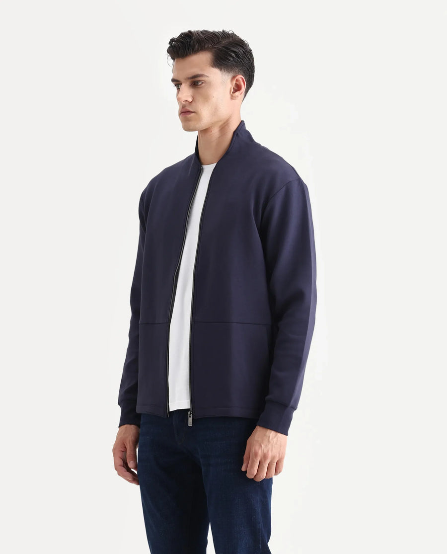 Rare Rabbit Men's Kemo Dark Navy Cotton Blend Plain Regular Fit Full Sleeve High Neck Sweatshirt