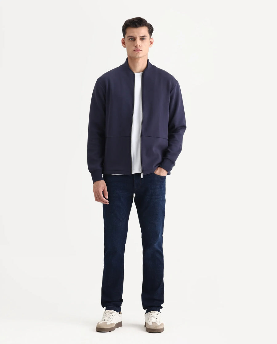 Rare Rabbit Men's Kemo Dark Navy Cotton Blend Plain Regular Fit Full Sleeve High Neck Sweatshirt