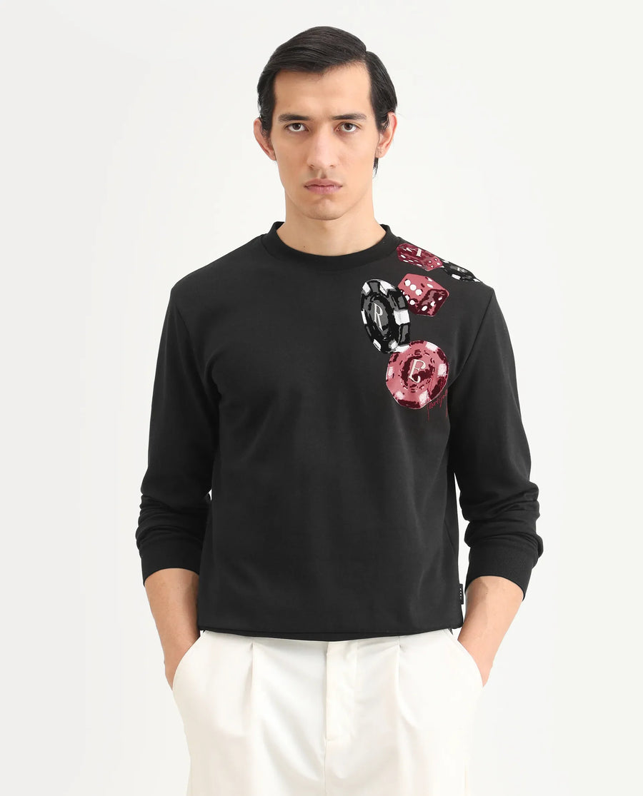 Rare Rabbit Men's Lyra Black Cotton Blend Graphic Print Regular Fit Full Sleeve Crew Neck Sweatshirt