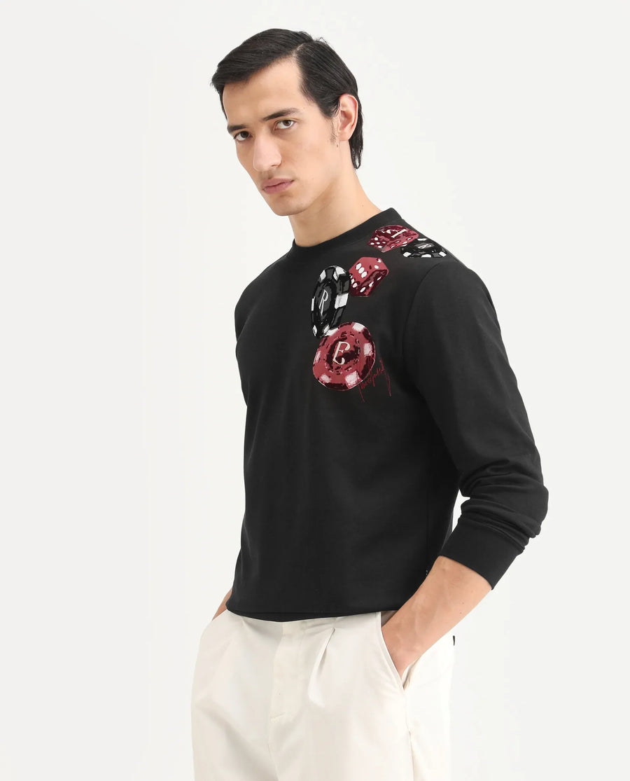 Rare Rabbit Men's Lyra Black Cotton Blend Graphic Print Regular Fit Full Sleeve Crew Neck Sweatshirt