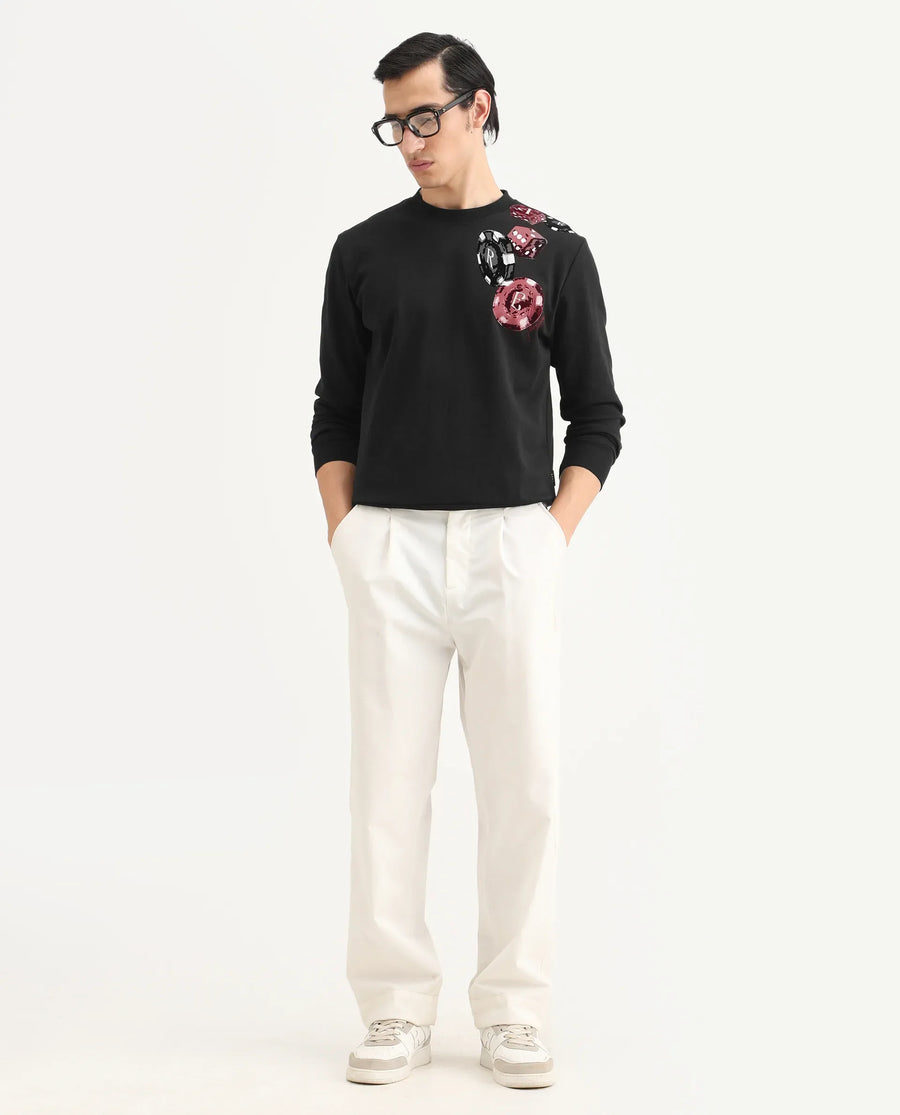 Rare Rabbit Men's Lyra Black Cotton Blend Graphic Print Regular Fit Full Sleeve Crew Neck Sweatshirt