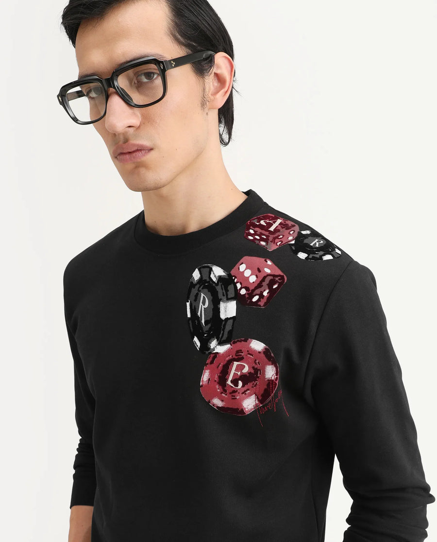 Rare Rabbit Men's Lyra Black Cotton Blend Graphic Print Regular Fit Full Sleeve Crew Neck Sweatshirt