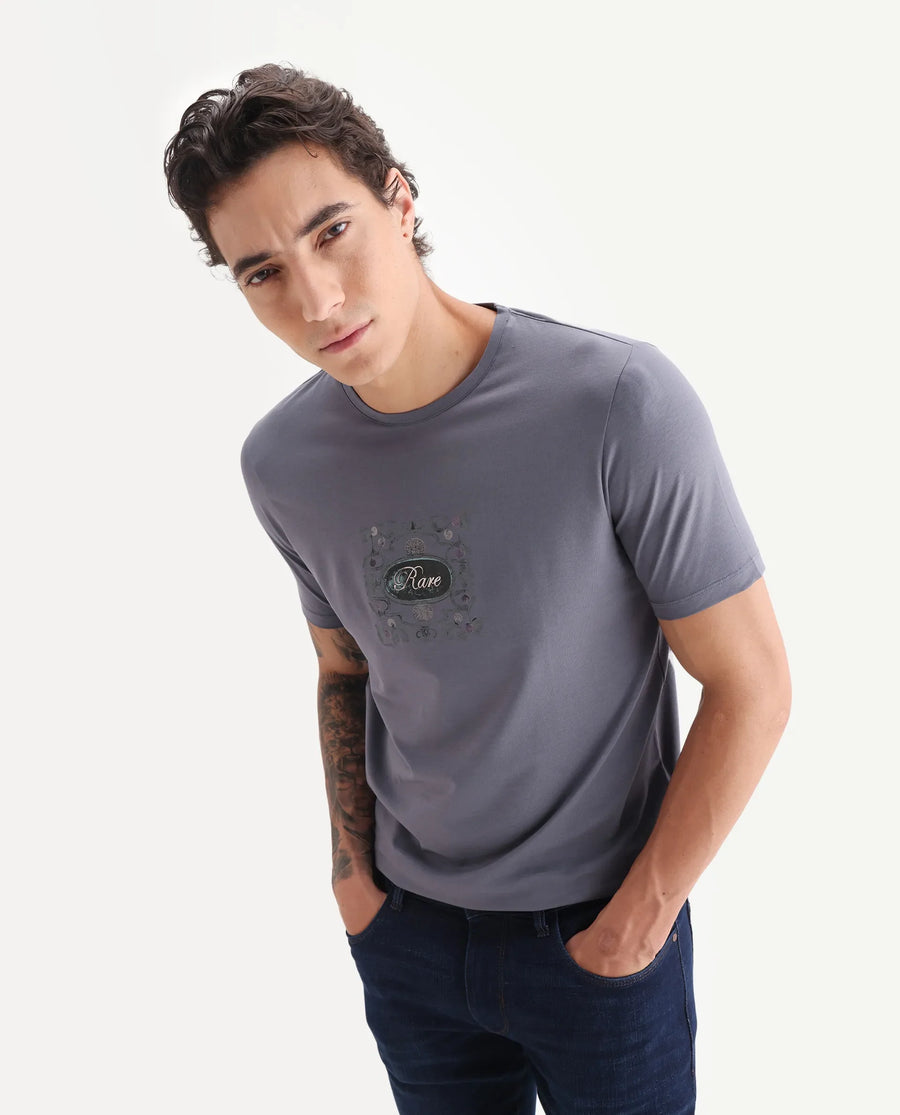 Rare Rabbit Men's Tain Dusky Purple Cotton Blend Graphic Print Regular Fit Half Sleeve Crew Neck T-Shirt
