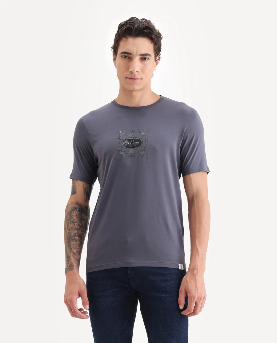 Rare Rabbit Men's Tain Dusky Purple Cotton Blend Graphic Print Regular Fit Half Sleeve Crew Neck T-Shirt
