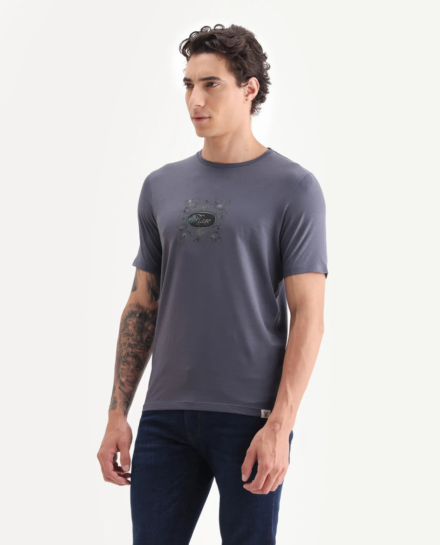 Rare Rabbit Men's Tain Dusky Purple Cotton Blend Graphic Print Regular Fit Half Sleeve Crew Neck T-Shirt
