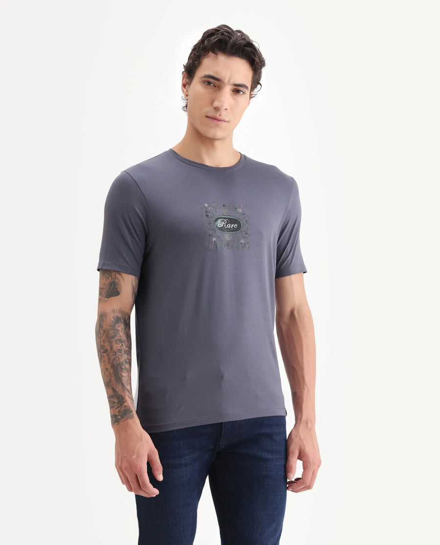 Rare Rabbit Men's Tain Dusky Purple Cotton Blend Graphic Print Regular Fit Half Sleeve Crew Neck T-Shirt